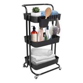 3-Tier Rolling Utility Storage Cart with Lockable Wheels & 360 Degree Rotatable Hanging Box Hooks Mesh Baskets OrganizerType: 3 Tier, color: White Color