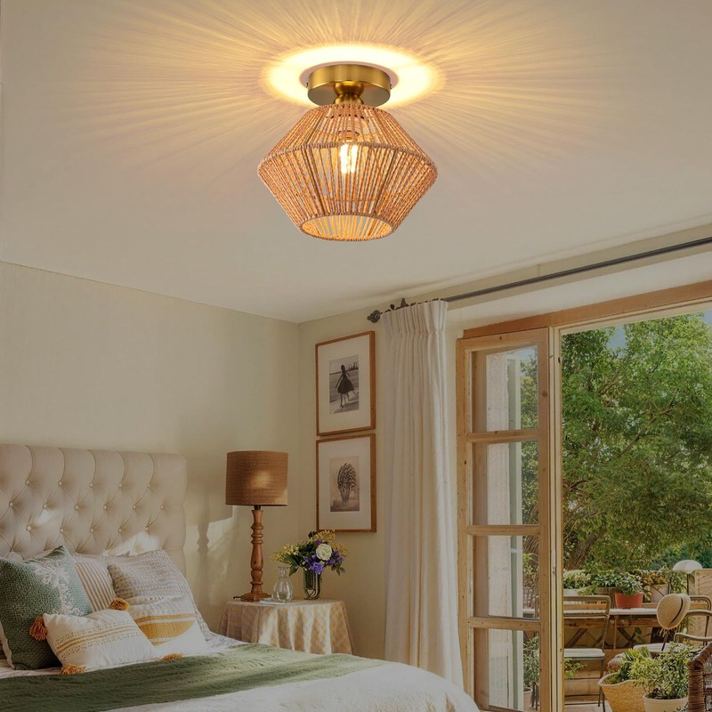 Boho Ceiling Light Fixture, Coastal Handmade Woven Light Fixtures Ceiling