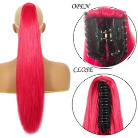 HENSLEELY Claw Ponytail Extensions Red 22 Inch Long Straight Pony Tail Hairpieces Synthetic Clip in Hair Extension for Women Daily Use(22Inch,Red)