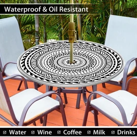 Outdoor Tablecloth with Umbrella Hole Waterproof Abstract Tribal Round Fitted Tablecloth with Elastic Zippered Table Cloth Round Cover for Picnic, Camping,Party (45''-54'')