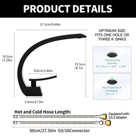 Oersitor Matte Black Bathroom Sink Faucet Modern Single Hole 1-Handle Faucet Chrome Faucet Mount Curved Lavatory Faucet Mixer Tap