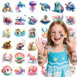 JoyfulGlam Ocean Animals Temporary Tattoo for kids - Watercolor Sea Creature Fake Tattoos, Ocean Birthday Themed Party Supplies Decoration Favors for Boys Girls
