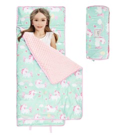 NICE CHOICE Toddler Nap Mat for Daycare Preschool Boys Girls Extra Large Rolled Sleeping Bag Mat with Pillow and Blanket for Toddler Boys Girls Kindergarten Travel Camping(Unicorn Upgraded)