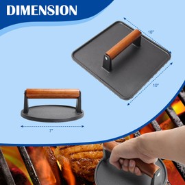 SafBbcue 10" Square Bacon Press & 7" Round Meat Press, Heavy Duty Cast Iron Griddle Press Smash Burger Press for Blackstone Weber Flat Top Griddle Grills