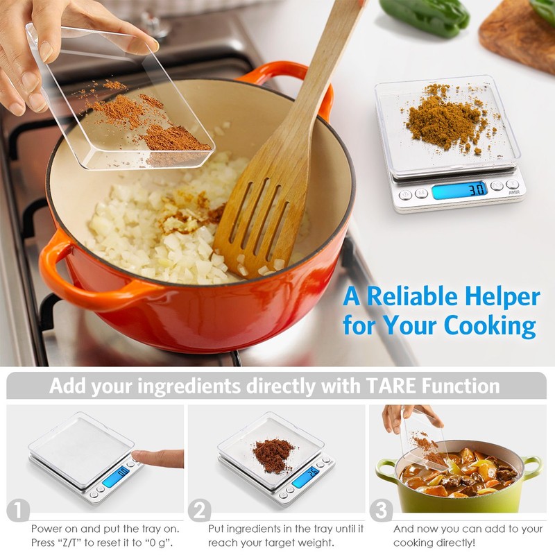AMIR Báscula Digital para Cocina de Acero Inoxidable, 3kg, 0.1g