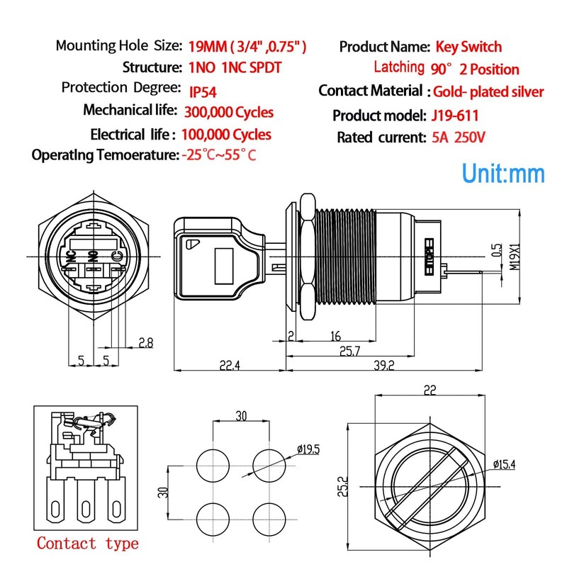 ZJWZJH 19mm 3/4" Key Switch Rotary Switch On/Off Metal Key