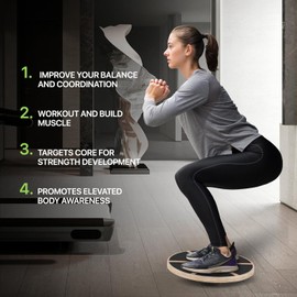 MUSONG Wooden Wobble Balance Board, 15.55 Inch Diameter, 360 Rotation, Non-Slip, Black, Adult