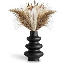 Tall Ceramic Wavy Vase | Modern Dried Flower Vases | Round Black Vase For Pampas Grass | Flower Vase For Boho Home Decor Centerpiece | Wedding - Dinner Table - Living Room - Office & Bedroom Black