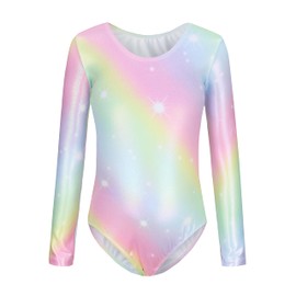 Sinoeem Gymnastics Leotards for Girls Long Sleeve/Sleeveless Gradient Color Sparkle Dancing Ballet Athletic fGymnastics Set or Girl (Rainbow-long sleeved set, 11-12 Years)