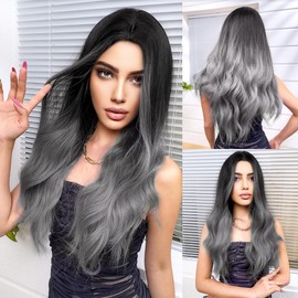 Mineup Long Wavy Ombre Black Grey Wigs, 66 cm Long Curly Gradient Grey Wigs, Middle Parting, Ombre Silver Grey Long Curly, Heat Resistant Synthetic Material Wig for Daily Use