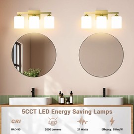 Quntis Gold Bathroom Light Fixtures(5CCT Dimmable), 3-Light Bathroom Vanity Light Over Mirror with Milky White Frosted Glass Lampshade, LED Vanity Light Bathroom Light with 5 Color Modes