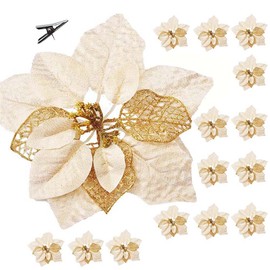 Awtlife Pack of 15 Glitter Poinsettia Christmas Tree Ornaments Christmas Decorations Flower 8.6 Inch Gold