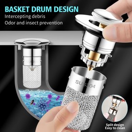 Pack of 2 304 Stainless Steel Pop Up Drain Strainer, Upgraded Bathroom Sink Plug, Metal Drain Plug, Universal, Sink Plug, with Filter Strainer/Seals, Drain Plug for Bathroom, Sink and Kitchen (34-40