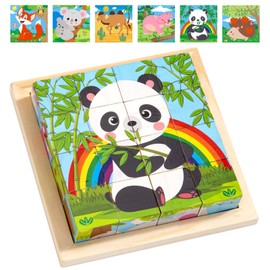 Wooden Cube Puzzle 3D Picture Cube Puzzle Games, 6 in 1 Wooden Puzzle Children's Montessori Puzzle Cube Toy, Promotes Hand-Eye Coordination, Gift for Boys Girls, for Children from 1 2 3 4 Years