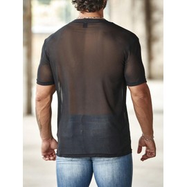 OYOANGLE Men's Sheer Mesh Short Sleeve Round Neck T Shirts Solid Plain See Through Party Tops Black Small