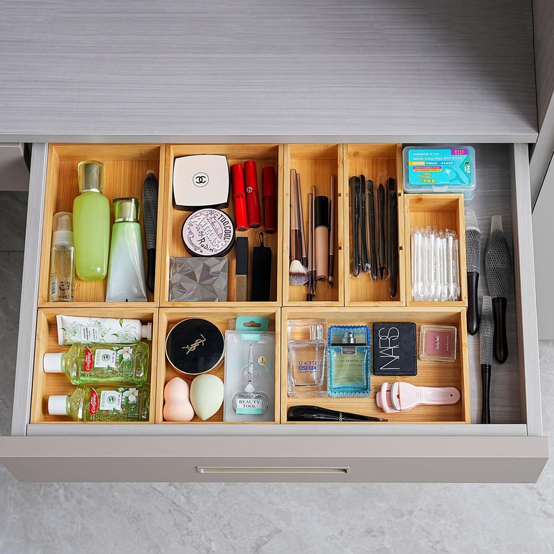 Fabsome Drawer Organizer, Set of 9 Bamboo Wood Kitchen Makeup