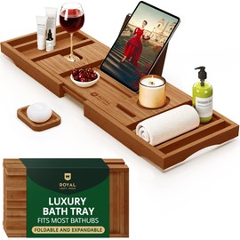 ROYAL CRAFT WOOD Premium Foldable Bathtub Tray - Wood Bath Tray for Tub, Bamboo Shelf, Expandable Bath Table Trays, Bathtub & Bathroom Accessories for New Home Gifts for Mom