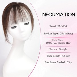 EMMOR Clip in Bangs, 100% Human Hair Bangs with 3 Non-slip Clips, 360°Cover Top HairPieces with 5 inch Wispy Fringes for enhancing Women's Facial Features(Natural Brown)