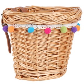 AVASTA Wicker Bicycle Basket for Children 12, 14, 16 Bicycle, Scooter, Tricycle, Supplied with Leather Straps, Size XS, Honey Yellow With Colourful Fur Ball Decoration