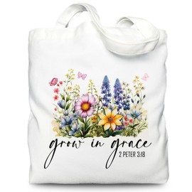 LNGORUS Grow In Grace Tote Bag for Woman, Inspirational Religious Tote Bag, Christian Faith, Bible Verse Tote Bag for Her, Christian Bible Scripture 2 Peter 3:18