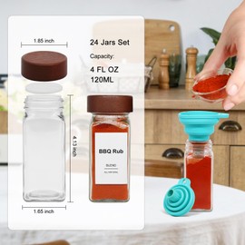 CKCY 24 Pcs Spice Jars, 4oz Seasoning Containers with Acacia Wood Shaker Lids, Glass Spice Bottles with Labels, Square Seasoning Organizer, Kitchen Spice Container