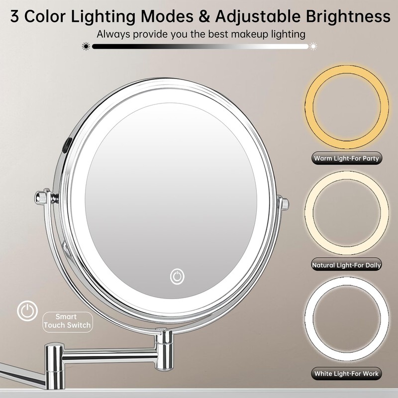 JANEEVA 8" Wall Mounted Lighted Makeup Mirror,Rechargeable Double Sided 1X/10X