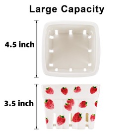 Pumtus 4 Pack Ceramic Berry Basket, Square Fruit Bowls, Kawaii Strawberry Kitchen Bowl Containers, Rustic Stoneware Berry Colander Bins for Veggie, Berries, Fruits, Farmhouse Home Decor