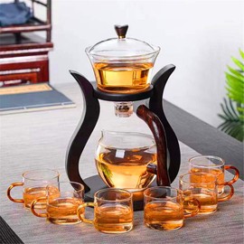 Aoheuo Lazy Kungfu Glass Tea Set Magnetic Water Diversion Rotating Cover Bowl Semi-Automatic Glass Teapot Suit (Wooden)