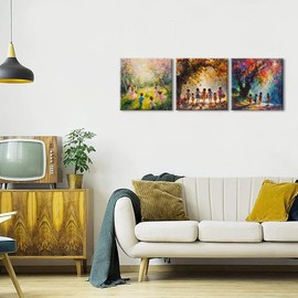 Piy Painting Pictures on Canvas, Art Prints on Canvas Over Cheerful Playing Under a Large Tree, Canvas Home Decoration for Living Room, Bathroom, Built-in Frame, Set of 3, 30 x 30 cm