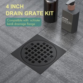 4 Inch Drain Grate Kit,Compatible with Schluter Kerdi Drain Flange, CUPC Certification,Square Shower Floor Drain SS304 Stainless Steel and ABS Material,Height Adjustment Collar and Ring(Matte Black)