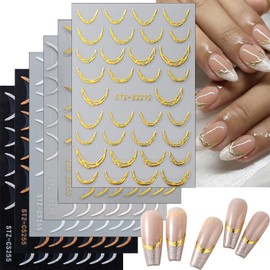 Tyuimhx French Tip Nail Art Stickers Decals 3D Self-Adhesive Gold Silver White Line Nail Stickers Gold Silver Glitter French Manicure Stickers Supplies for Women DIY Nail Art Decorations Accessories