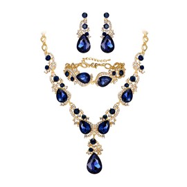 BriLove Wedding Bridal Jewelry for Women Multi Teardrop Cluster Crystal Statement Necklace Dangle Earrings Link Bracelet Set Sapphire Color Gold-Tone