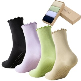 ANIDL 4 Pairs Ruffle Yoga Socks for Women,Cute Frilly Non-Slip Grips Socks for Pilates,Fitness,Hospital,Pregnant, Color-01-black Purple Green Skin Tone, One Size