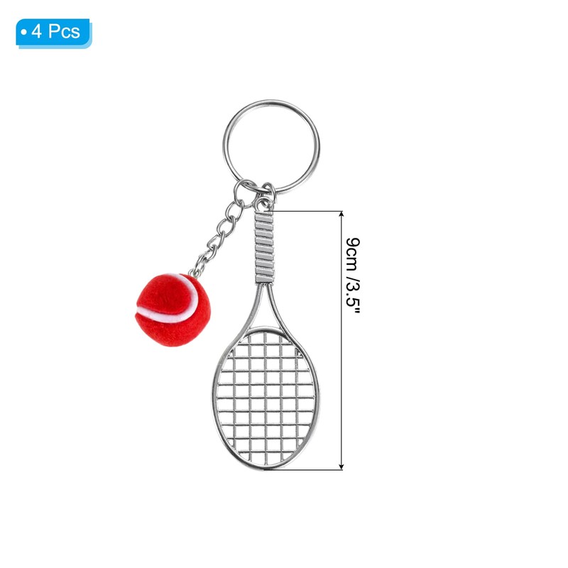 [PATIKIL] テニスキーチェーン 4個の合金製ミニテニスラケットキーチェーンキーリングテニスボールかわいいスポーツキーリング スポーツ愛好家向け レッド