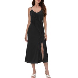 Timathous Women's 2025 Spaghetti Strap Ruffle Side Split Long Dress Elastic Slim Party Maxi Dresses (2419-Black-S)