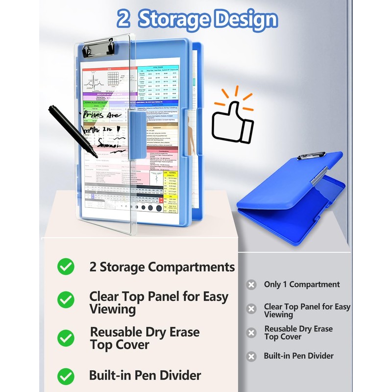 Clearview Clipboard with 2 Storage, Dry Erase 8.5x11 Heavy Duty