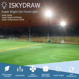 ISKYDRAW 300W LED Flood Light Outdoor, 2 Pack 30000lm Stadium Lights Outdoor LED Daylight 6500K, IP67 Waterproof Arena Floodlights for Parking Lot, Sports, Fields, Court, 85-265V