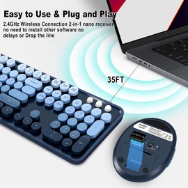 Wireless Keyboard and Mice Combo,Retro Round Keys Full-Sized Cute Keyboard, 2.4Ghz Dropout-Free Connection and Optical Mouse for Windows, Mac, PC, Laptop, Desktop (Blue-Colorful)