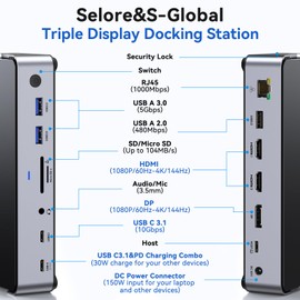 USB C Docking Station 3 Monitors Laptop Dock Dual Monitor with 2 HDMI DisplayPort 4K144Hz,USB A 2.0/3.0,USB C 3.1 10Gbps&30W Output,Ethernet,MicroSD&SD,Audio&Mic,150W DC Power for Dell/Lenovo/HP