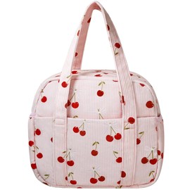 Yarnic Corduroy Lunch Bag Women Men Insulated, Large Lunch Box for Work with Bottle Pockets, Stylish Reusable Cooler Tote for Adults Teachers Picnic Hiking (Cherry Bow)