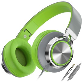 Ailihen C8 Foldable Headphones with Microphone and Volume Control Lightweight Stereo Headsets for 3.5mm Android Cellphones Smartphones Laptop Computer Mp3(Grey/Green)