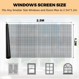 Fly Screens for Windows 1.2m(W) x 2.5m(L) Adjustable Fiber Window Screen Mesh, DIY Nets for Windows Keep Mosquitoes Flies and Insects Out, Suitable for Windows Doors and Terraces (Black)