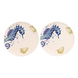 Ebros Nautical Marine Coastal Sea Life Blue And White Seahorse Ceramic Dinnerware For Beach Party Hosting Kitchen And Dining Earthenware Serveware (Round Dinner Plate 12"D Pack Of 2)