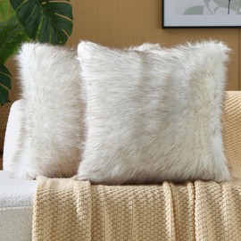 FUTEI Coffee White Decorative Throw Pillow Covers 18x18 Inch Set of 2,Soft Fluffy Faux Fox Fur Textured Cushion Case,Modern Home Decor for Couch Living Room