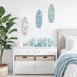 VGICH 3 Pieces Hibiscus Surfboard Decor for Bedroom Wooden Beach Wall Decor Summer Wood Surfboard Wall Hanging Sign for Tropical Living Room Decoration (Blue)