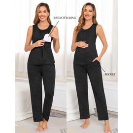 SWOMOG 3pcs Maternity Nursing Robe Set Labor Delivery Double Layer Pajamas Set Postpartum Breastfeeding PJS, Black Grey Medium