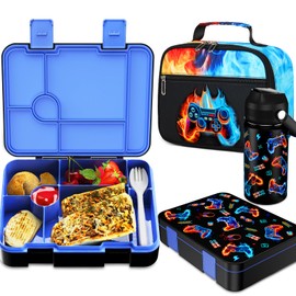 Bevalsa Kids Bento Lunch Box with 6 Compartment, Stainless Steel Metal Water Bottle, Insulated Bag & Utensils, BPA-Free Leakproof Food Container for School Boys Girls, Back To School Gift