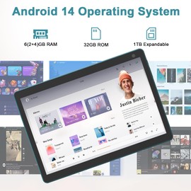 Android 14 Tablet, 10 inch 6GB RAM+32GB ROM+1TB Expand Tablet, 1.8Ghz Quad-core Processor, 2MP+8MP Dual Camera, 1280*800 IPS Touch Screen Tablet Computer, WiFi, Bluetooth, 6000mAh Battery Tableta PC