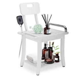 Teak Shower Bench Seat Chair with Shelf | 18.7" Solid Wood Shower Stool Waterproof Shower Seat with Storage for Inside Shower Legs Shaving, Shower Seat for Seniors Elderly Heavy Duty for Christmas