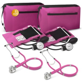 Blood Pressure Monitor and Sprague Stethoscope Kit - 2-Pack, Adult Aneroid Sphygmomanometer with Dual-Head Stethoscope, Adjustable BP Cuff, Carrying Case & Accessories - Pink